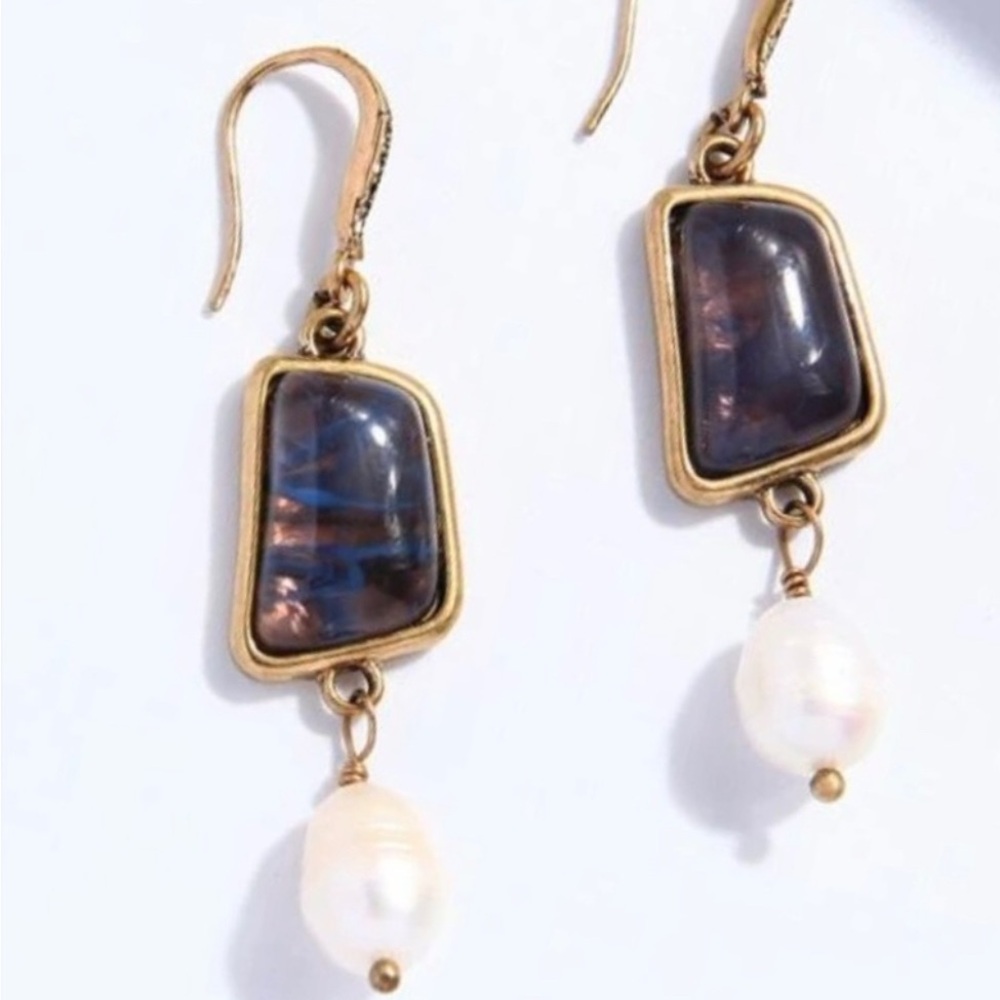 Dichroic Glass Amber Blue Swirl Art Deco Gold Marcasite Freshwater Pearl Dangles